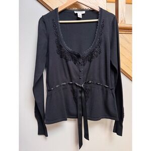 White House Black Market Womens XL Cardigan Silk Blend Beaded Tie Front Glam Art